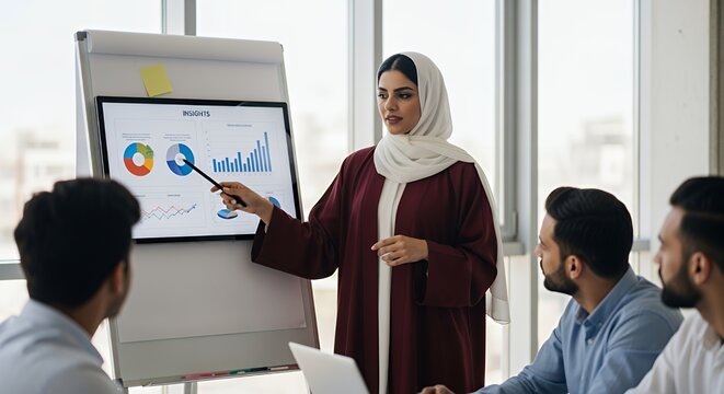 A businesswoman in a hijab confidently presents financial data and charts to a diverse group of colleagues during a productive meeting.