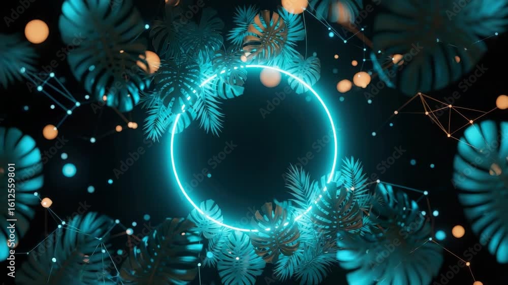 Poster a vibrant futuristic composition featuring glowing turquoise circular elements surrounded by lush gr