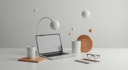 Laptop on Desk with Coffee Cup and Lamp in Minimalist Office Setting