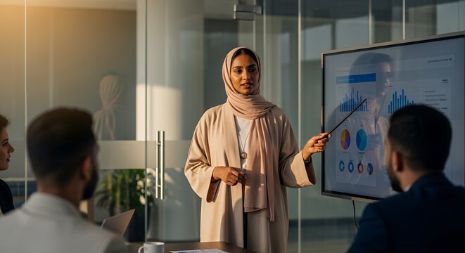 A confident businesswoman in a hijab presents a data-driven presentation to her colleagues in a modern setting. - Powered by Adobe