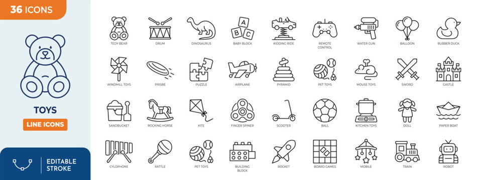 Toys line editable icon set. Contain icons related to children toys, teddy bear, doll, drum, ball, robot, and more. Editable stroke. Vector illustration