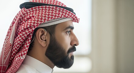 A thoughtful young man wearing traditional Middle Eastern headwear gazes pensively out a window, showcasing his cultural heritage and personal reflection.