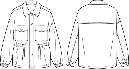 CAD drawing flat vector illustration of casual drawstring waist jacket with patch pockets, front button closure, collar, ribbed cuffs, back yoke