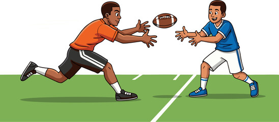 Two Young Football Players Passing the Ball on a Green Field