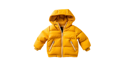 A yellow puffer jacket with a hood on a transparent background