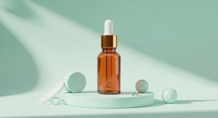 Amber Dropper Bottle on Mint Green Podium with Abstract Spheres and Playful Shadows