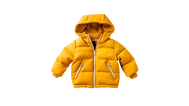 A yellow puffer jacket with a hood on a transparent background