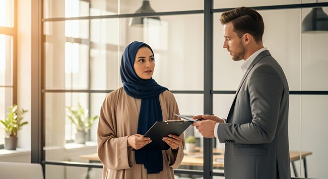 A businesswoman in a hijab and a businessman discuss documents in a modern setting.