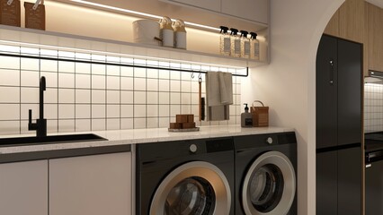 Modern, luxury laundry room with white terrazzo counter, black sink, washing machine in sunlight from window on square tile splash back for interior design decoration background 3D