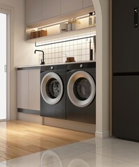 Modern, luxury laundry room with white terrazzo counter, black sink, washing machine in sunlight from window on square tile splash back for interior design decoration background 3D