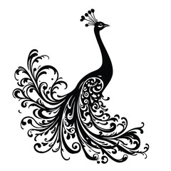 Ornamental Peacock Silhouette – Black and White Vector Illustration Featuring Swirling Tail Feathers and Elegant Avian Form