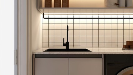 Modern, minimal, luxury white terrazzo countertop counter with black sink, led light on square tile splash back wall in laundry room for interior design decoration background 3D