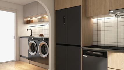 Modern, luxury kitchen and laundry room with brown wooden cabinet counter, black countertop, washing machine in sunlight from door on square tile splash back background 3D