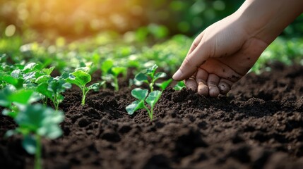 Hand planting seedlings in rich soil, sunny garden background, agriculture