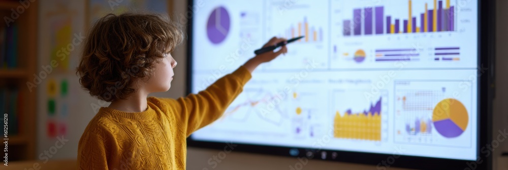 Poster child presenting educational project with smartboard displaying charts in classroom setting