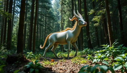 Hybrid animal species thriving in a regenerated forest after climate restoration, vibrant biodiversity concept, sci-fi nature blend 2
