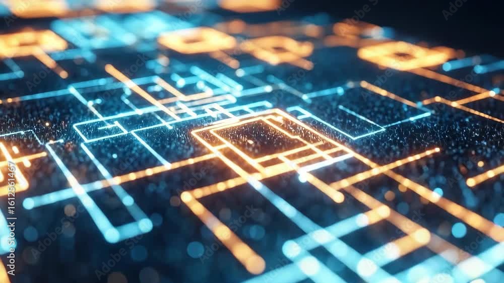 Poster a vibrant abstract representation of digital circuitry showcasing glowing blue and orange lines and 