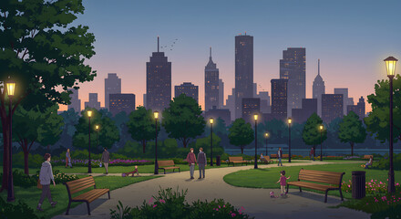 Obraz premium City Park at Dusk, People Walking, Benches, Urban Illustration