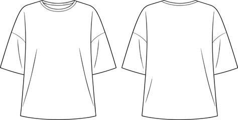 CAD drawing flat vector illustration of oversized short sleeve t-shirt with round neckline, minimal seam details, front and back view