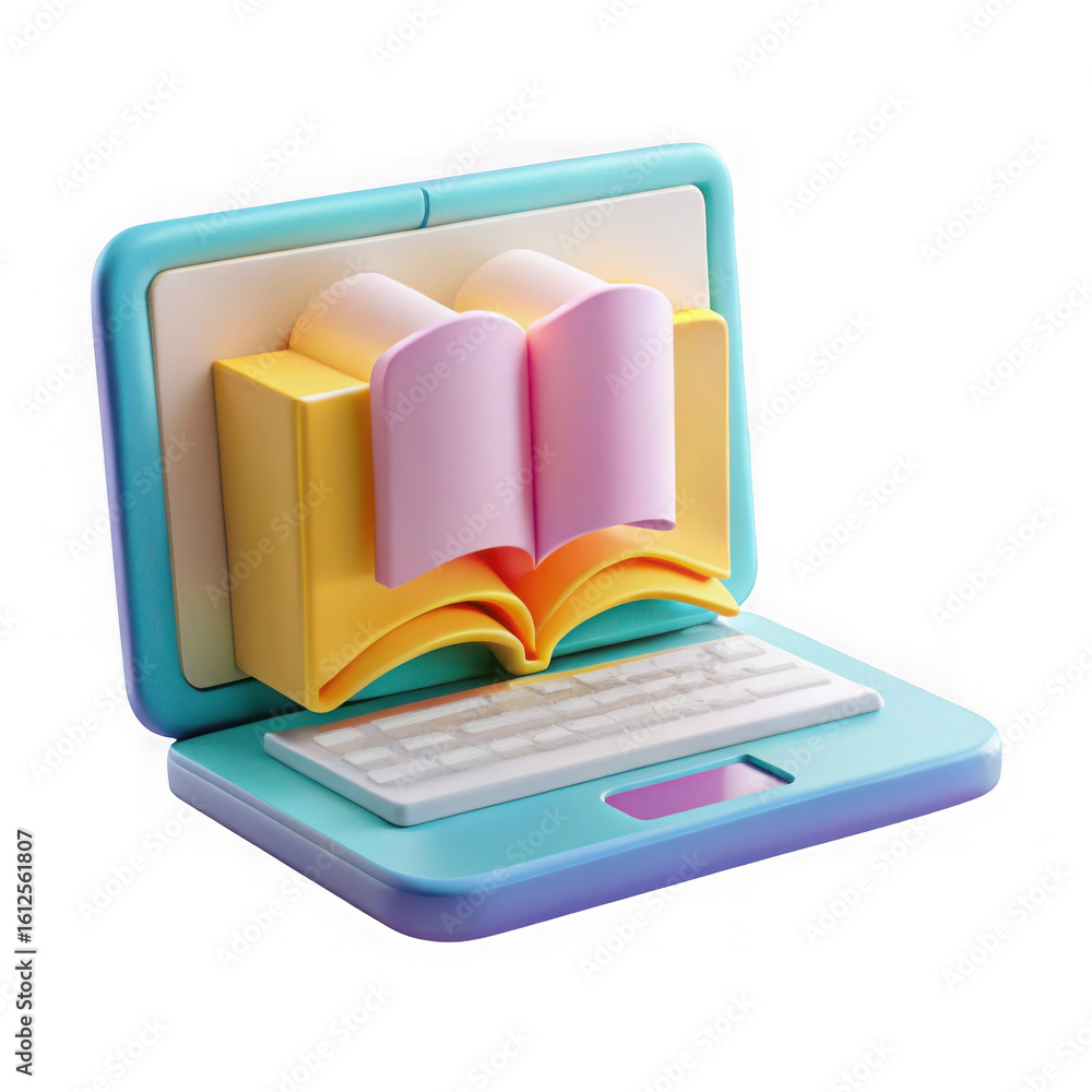 Poster 3d laptop with open book render isolated on transparent background