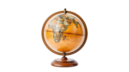 Vintage globe with wooden stand against a transparent background