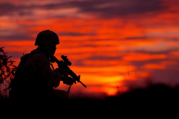 Soldier silhouette crouches with rifle against fiery sunset