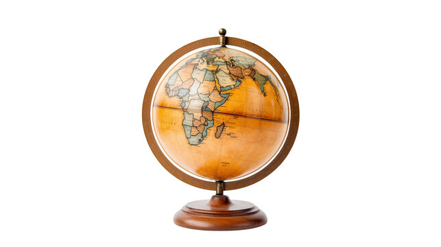 Vintage globe with wooden stand against a transparent background