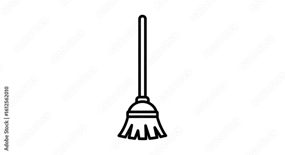 Poster a simple black and white line drawing of a broom with a long handle on a white background space