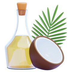PNG 3D Coconut Oil Bottle with Palm Leaf and Half Coconut Illustration Isolated on a White Background