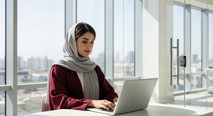 A young woman in a hijab works on her laptop, enjoying the bright sunlight streaming through the large of her modern .