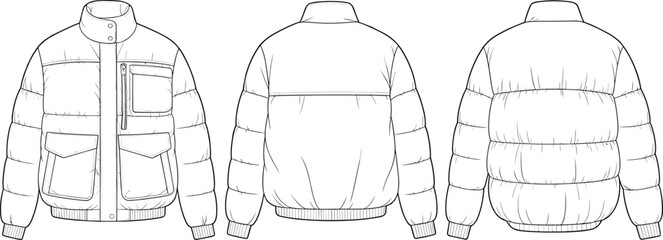 CAD drawing flat vector illustration of puffer jackets with patch pockets, high collar, ribbed cuffs, front and back technical views © Rahul Creatives