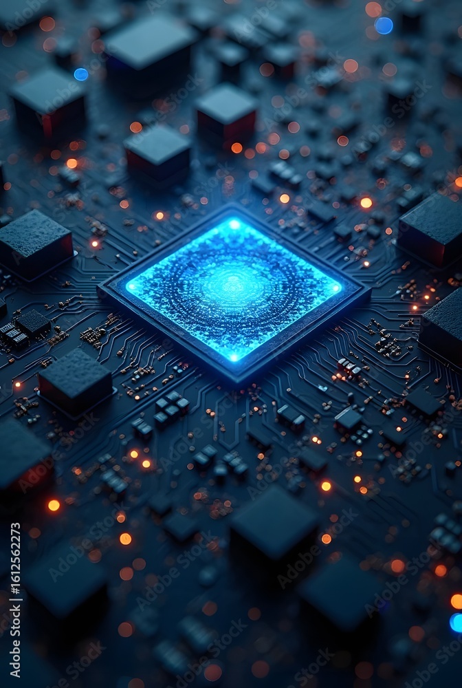 Poster a glowing blue central processor is the heart of this intricate circuit board, vertical composition.