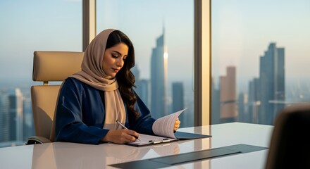 A successful businesswoman in a hijab reviews documents in her modern overlooking a cityscape at sunset.
