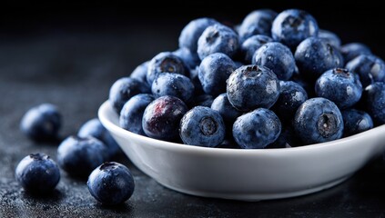 Plump blueberries fill a white bowl, resting on a dark surface. Berries show varied tones of blue and purple, some with a slight waxy bloom. Focus is shallow