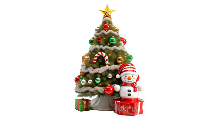 A christmas tree with a snowman and presents on transparent background