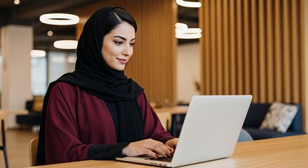 A young woman in traditional Middle Eastern attire works diligently on her laptop in a modern, brightly lit space.