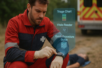 Paramedic Assessing Patient Vitals and Triage Chart with Holographic Smartwatch at Emergency Scene