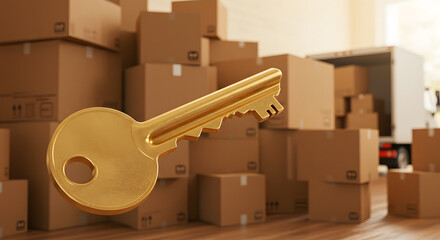 Golden Key with Stacked Cardboard Boxes and Delivery Truck