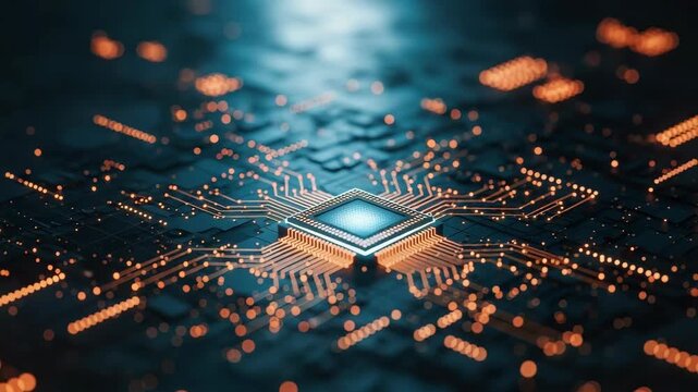 A close-up view of a glowing microchip surrounded by intricate circuitry showcasing a futuristic technology theme with a soft-focus background emphasizing the electronic components