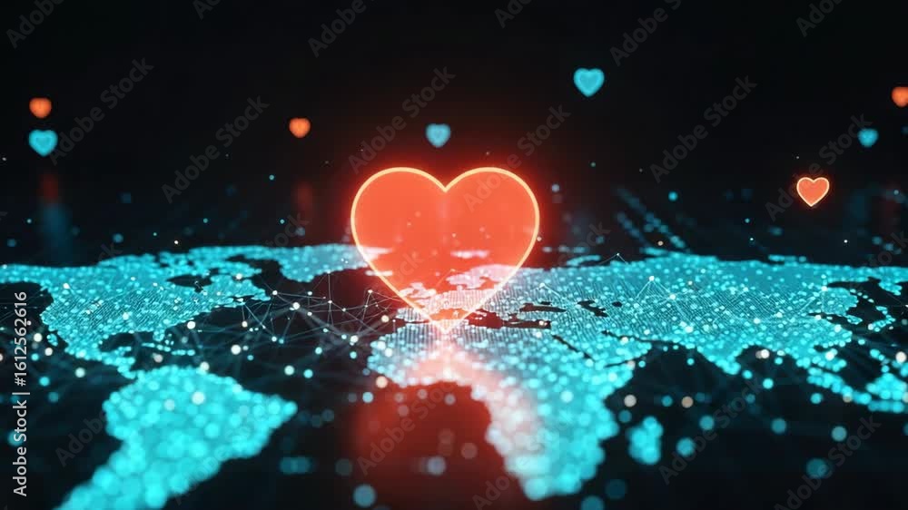 Poster a vibrant digital representation of a world map illuminated by glowing hearts symbolizing global lov
