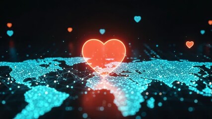 A vibrant digital representation of a world map illuminated by glowing hearts symbolizing global love and connection with a dark background enhancing the visual impact for use in technology or romance - Powered by Adobe