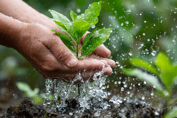 Hands holding young green plant with water splashing over soil, symbolizing growth, nurturing, and environmental care in natural setting