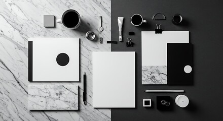 Arranging Stationery Mockup on Marble and Black Surface