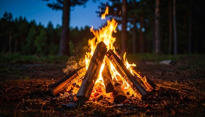 Cozy campfire burning brightly in a forest at dusk with camping adventure.