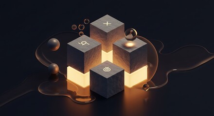 Abstract Cubes with Glowing Light and Spheres Minimalist Concept