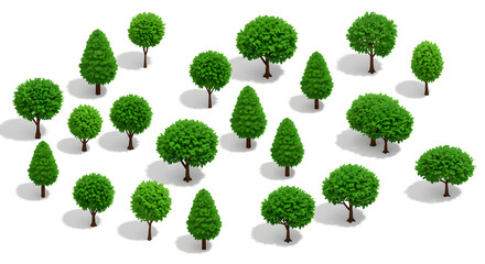 Isometric Green Tree Collection on White, Isolated Lush Landscape