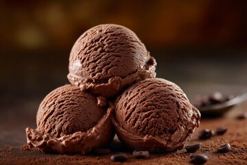 Three scoops of chocolate ice cream are stacked on a cocoadusted surface with chocolate chips scattered around