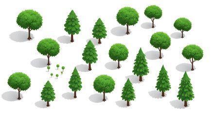 Fototapeta premium Isometric Trees with Green Foliage on White Background in Flat Design