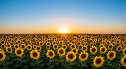 Fototapeta premium Sunflower Field at Sunset: A vast field of vibrant sunflowers reaches towards a clear blue sky as the sun dips below the horizon, casting a warm golden glow.