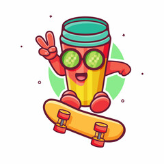 cool water tumbler character mascot playing skateboard isolated cartoon